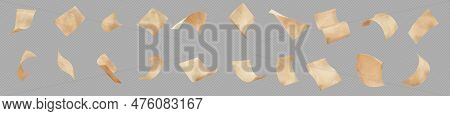 Realistic Animation Set Of Craft Paper Sheet Falling Down Isolated On Transparent Background. Vector