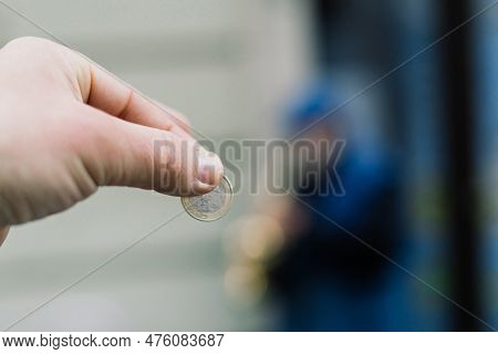 Street Old Performer Musician Plays Saxofon Blurred, Coin In Hand Focused