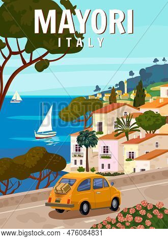 Retro Poster Italy, Mayori Resort, Amalfi Coast. Road Retro Car, Mediterranean Romantic Landscape, M