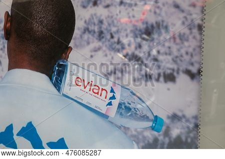 Bordeaux , Aquitaine  France - 02 27 2023 : Evian Natural Mineral Water Bottle Logo Text And Sign Br