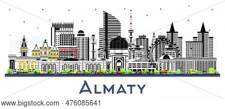 Almaty Kazakhstan City Skyline With Color Buildings Isolated On White. Vector Illustration. Almaty C