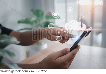 Cloud Computing Concept, Connect Communication Equipment  Information And Technology With Cloud Comp