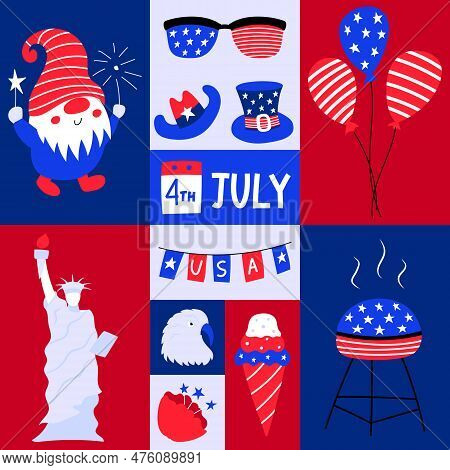 Greeting Card With Patriotic Symblos Of Usa Independence Day. Social Media Template For 4th Of July.