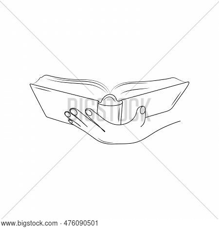 Hand Holding Open Book. Line Art. Reading, Education Concept. Hand Drawn Vector Illustration.