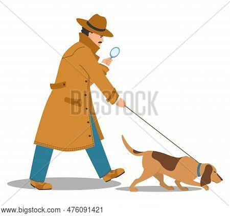 Detective Holding Magnifying Glass Follows Trail With Dog