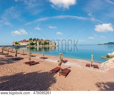 Pink Sandy Milocher Beach And Sveti Stefan Islet Morning View (montenegro, Near Budva). People Unrec