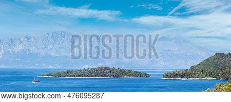 Beautiful Hazy Summer Lefkada Coastline Panorama (nydri, Greece, Ionian Sea).