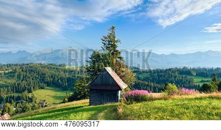 Summer Evening Mountain Village Outskirts With Pink Flowers And Wooden Shed In Front And Tatra Range