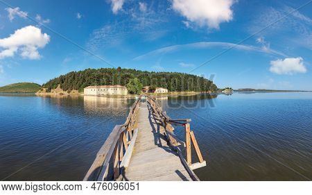 Wooden Ruined Bridge To Isolated Monastery Of Saint Mary On Zvernec Island (narta Lagoon, Vlore, Alb
