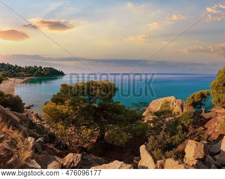 Dusk Sandy Kaviou Beach. Summer Top View (nikiti, Sithonia, Halkidiki, Greece).