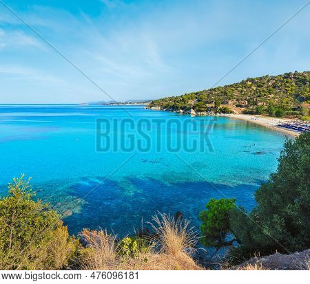Morning Sandy Kaviou Beach. Summer Top View (nikiti, Sithonia, Halkidiki, Greece). People Are Unreco