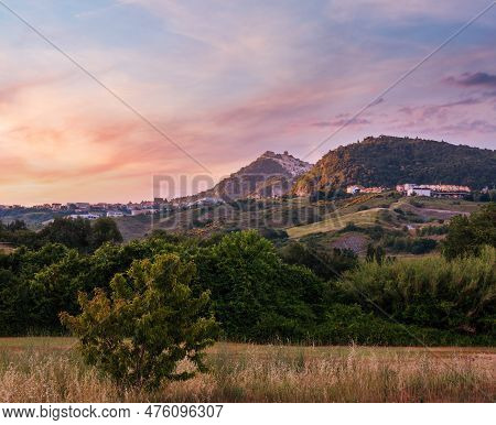 The Republic Of San Marino (oldest Republic In The World) Sunrise View With Monte Titano In Far.