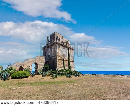 Picturesque Historical Fortification Tower Torre Colimena On Salento Ionian Sea Coast, Taranto, Pugl