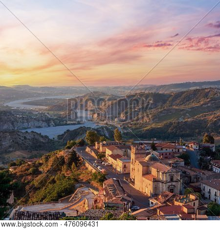 Sunrise Old Medieval Stilo Famos Calabria Village View, Southern Italy.