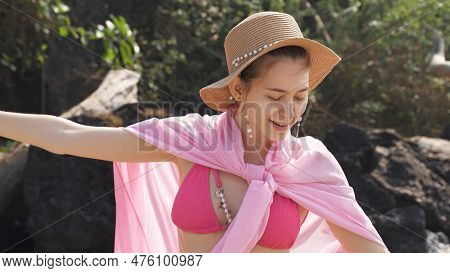 Girl In Pink Poreo And Hat Is Dancing. High Quality Photo