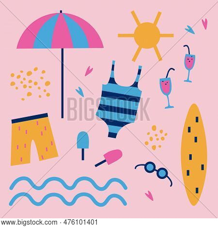 Doodle With A Sea Mood. Flat Cartoon Illustration  Sea, Swimsuit, Swimming Trunks, Sun Umbrella, Hea
