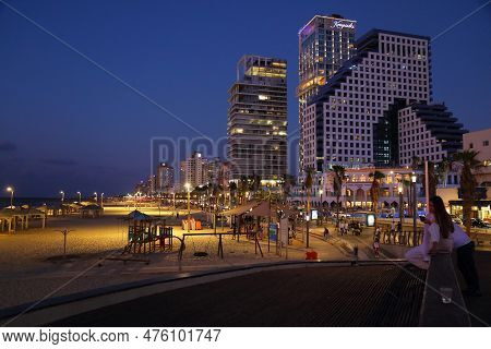 Tel Aviv, Israel - November 3, 2022: People Visit Beachfront Promenade (tayelet) In Tel Aviv, Israel