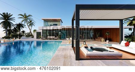 3d Render Front View Of Modern Luxury Villa With Swimming Pool. Bioclimatic Pergola With Whirlpool O
