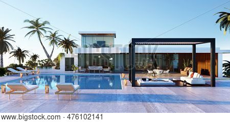3d Illustration Of Luxurious Decor House With Huge Swimming Pool And Biocimlatic Pergola. Front View