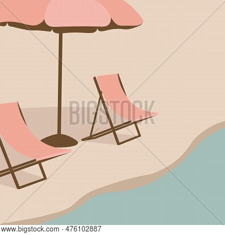 Beach. Illustration Of Resort Sun Loungers, Umbrellas And Coastline With Water. Background Template 