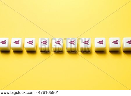 Symbols Of Paper Airplanes On Blocks. Set Course, Make Your Way. Keep Moving Forward And Making Prog