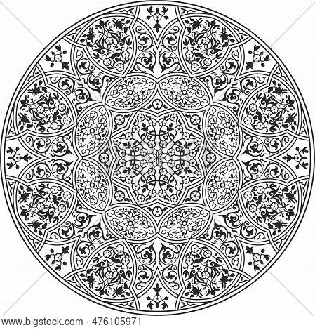 Vector Round Monochrome Arabic National Ornament. Endless Vegetablepattern Of Eastern Peoples Of Asi
