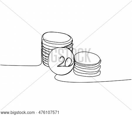 Stacks Of Coins Of Different Heights, 20 Cents, Kopecks, Pennies One Line Art. Continuous Line Drawi
