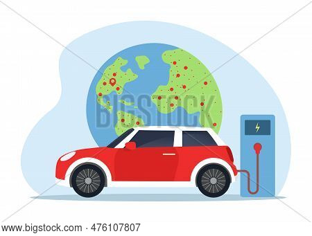 Electric Car At Charging Station Vector Illustration. Modern Vehicle Charging Battery, Increase Of B