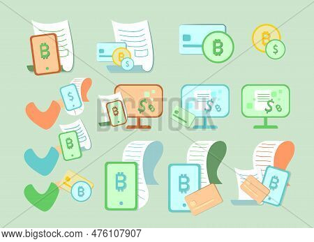 Bill Payment For Online Shopping Vector Illustrations Set. Cartoon Icons Of Smartphones And Computer