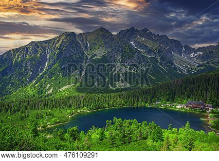 Picturesque Panoramic View Of Popradske Pleso, Tatra Mountains, Slovakia. Lake Popradske Pleso With 
