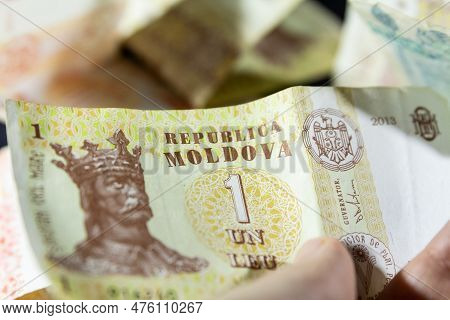 Chisinau, Moldova - March 1, 2023: Selective Blur On Banknotes Of 1 Moldovan Leu. The Leu, Or Lei, I