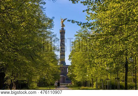 The Victory Column Or Siegessaule Viewed From The Tiergarten Park In Berlin, Germany