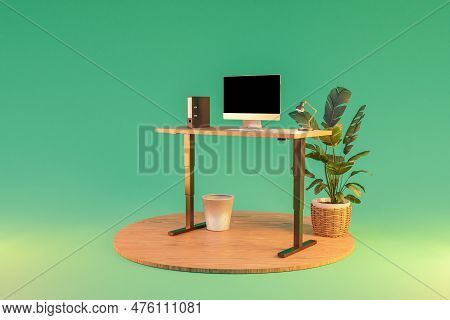 Isolated Computer Workspace On Wooden Podium With Standing Desk; Freelance And Home Office Concept; 