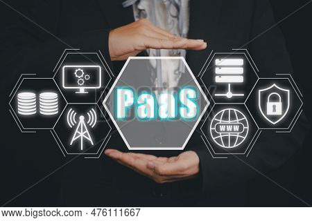 Paas, Platform As A Service, Business Person Hand Holding Paas Icon On Vr Screen, Internet Technolog