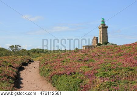 Trail Leading Trough Flowers Towards The Lighthouse Of Cap Frehel.