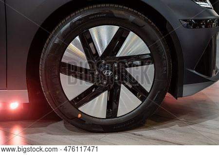 Riga, Latvia, April 28, 2023: Close-up Of Hyundai Ioniq 6  Wheel, Decorative New Design Alloy Wheels