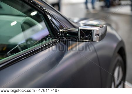Riga, Latvia, April 28, 2023: Side Camera Replacing The Side Mirror Of A Hyundai Ioniq 6 Electric Ca