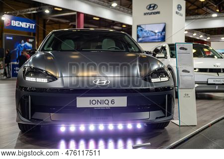 Riga, Latvia, April 28, 2023: Electric Supercar Hyundai Ioniq 6 Premiere At A Motor Show, 2023 Model