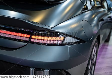 Riga, Latvia, April 28, 2023: Rear Led Lights And Car Design Closeup Of Nev Hyundai Ioniq 6 Electric