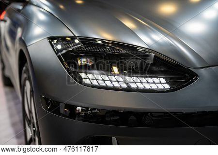 Riga, Latvia, April 28, 2023: Led Headlights And Car Design Closeup Of Nev Hyundai Ioniq 6 Electric 