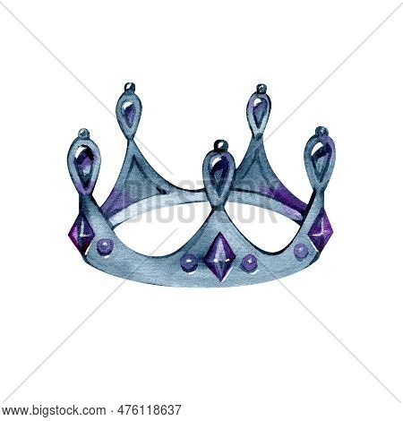 Watercolor Silver Crown Princess With Precious Stones