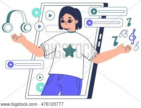 Online Entertainment, Music Or Podcast Service. Girl On Gadget Screen Provide Service, Entertainment
