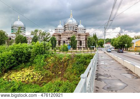 Torzhok, Russia - July 12, 2022: Reconsruction Of The Transfiguration Cathedral At The Embankment Of