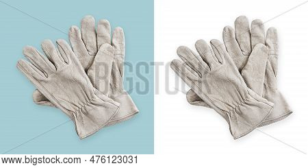 Gardening Cloth Gray Gloves, Top View Isolated On White And Light Blue Background, Spring Concept Fo