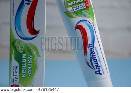 April 20, 2023 Ukraine City Kyiv Aquafresh Toothpaste On A Colored Background