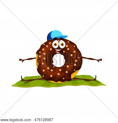 Cartoon Chocolate Donut Character In Yoga Pose. Vector Cute Doughnut Cake Personage With Cap And Mat