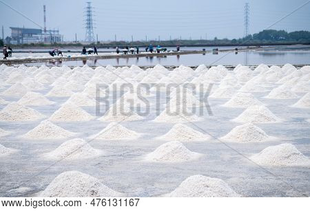 Sea Salt Farm And Blur Worker Working On Farm. Brine Salt. Raw Material Of Salt Industrial. Sodium C