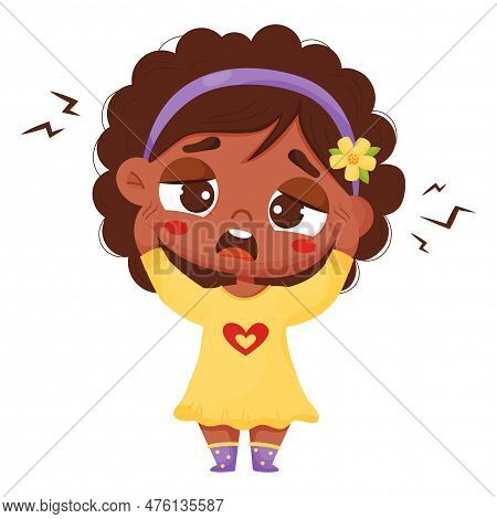 Suffering Sick Black Girl. Ethnic Girl Holding Hands Behind Her Head. Headache, Migraine. Vector Ill