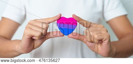 Bisexuality Celebrate Day And Lgbt Pride Month,  Lgbtq+ Or Lgbtqia+ Concept. Hand Holding Purple, Pi