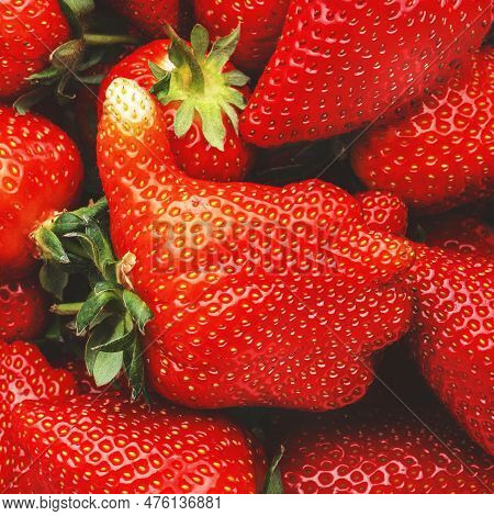 Unusual Strawberry In The Shape Of Hand With Thumb Up Similar The Like Sign, Berry Background, Top V